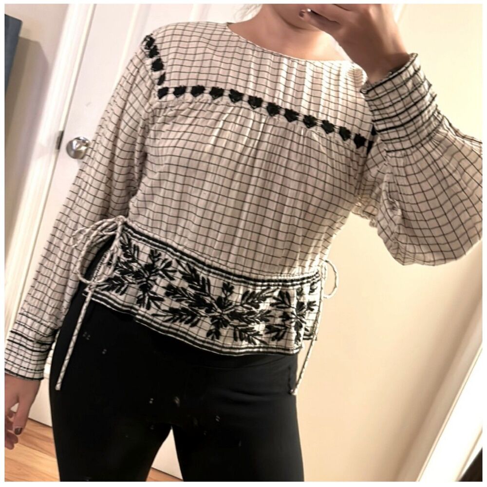 Zara Trafaluc Blouse Grid White Black Embroidered Side Tie Top Size Medium Fall